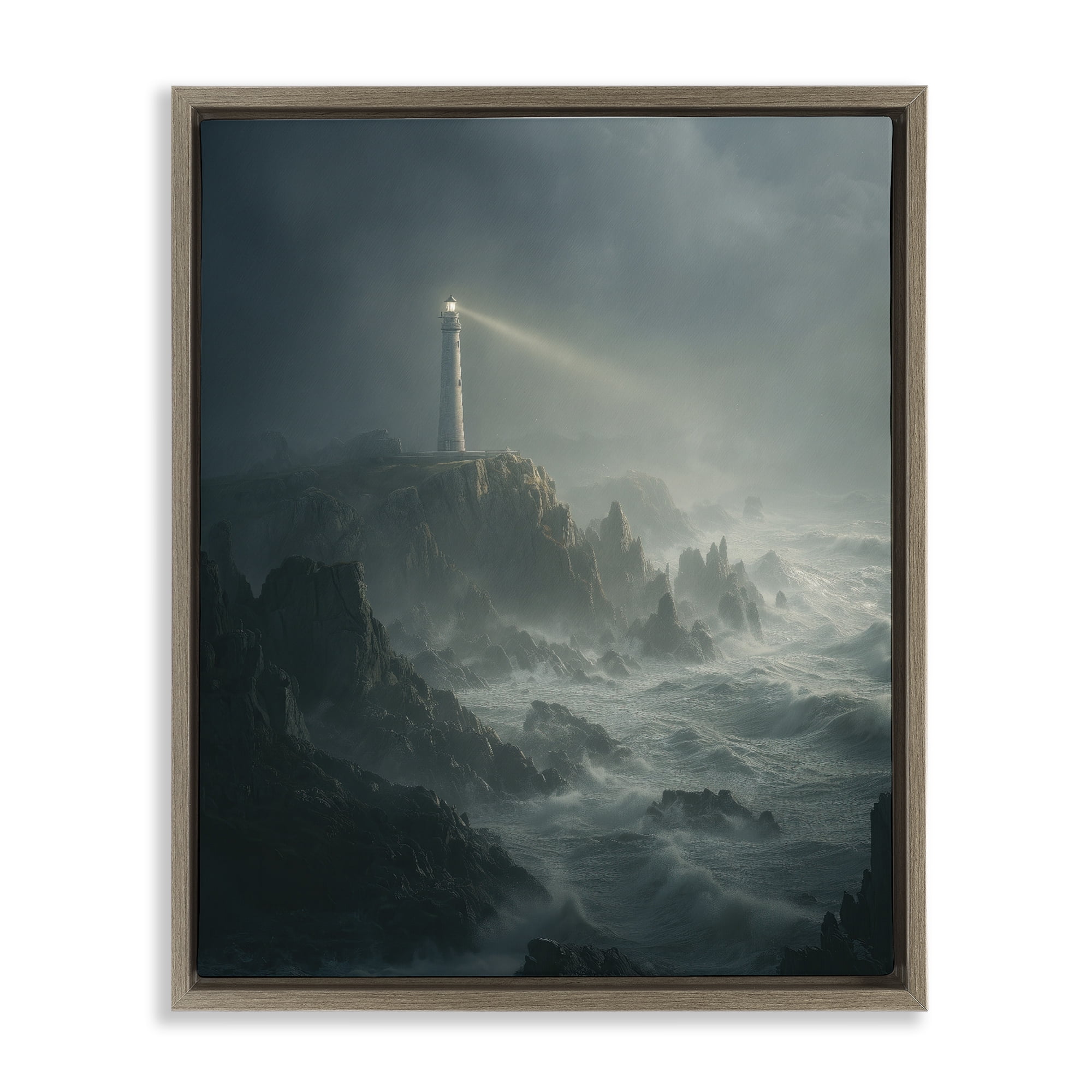 Lighthouse and Stormy Cliff Brown Framed Floater Canvas Wall Art, design by Ziwei Li