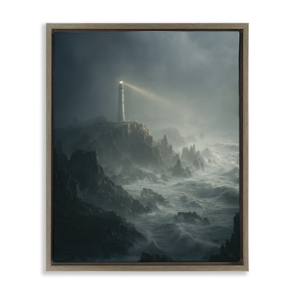 Lighthouse and Stormy Cliff Brown Framed Floater Canvas Wall Art, design by Ziwei Li