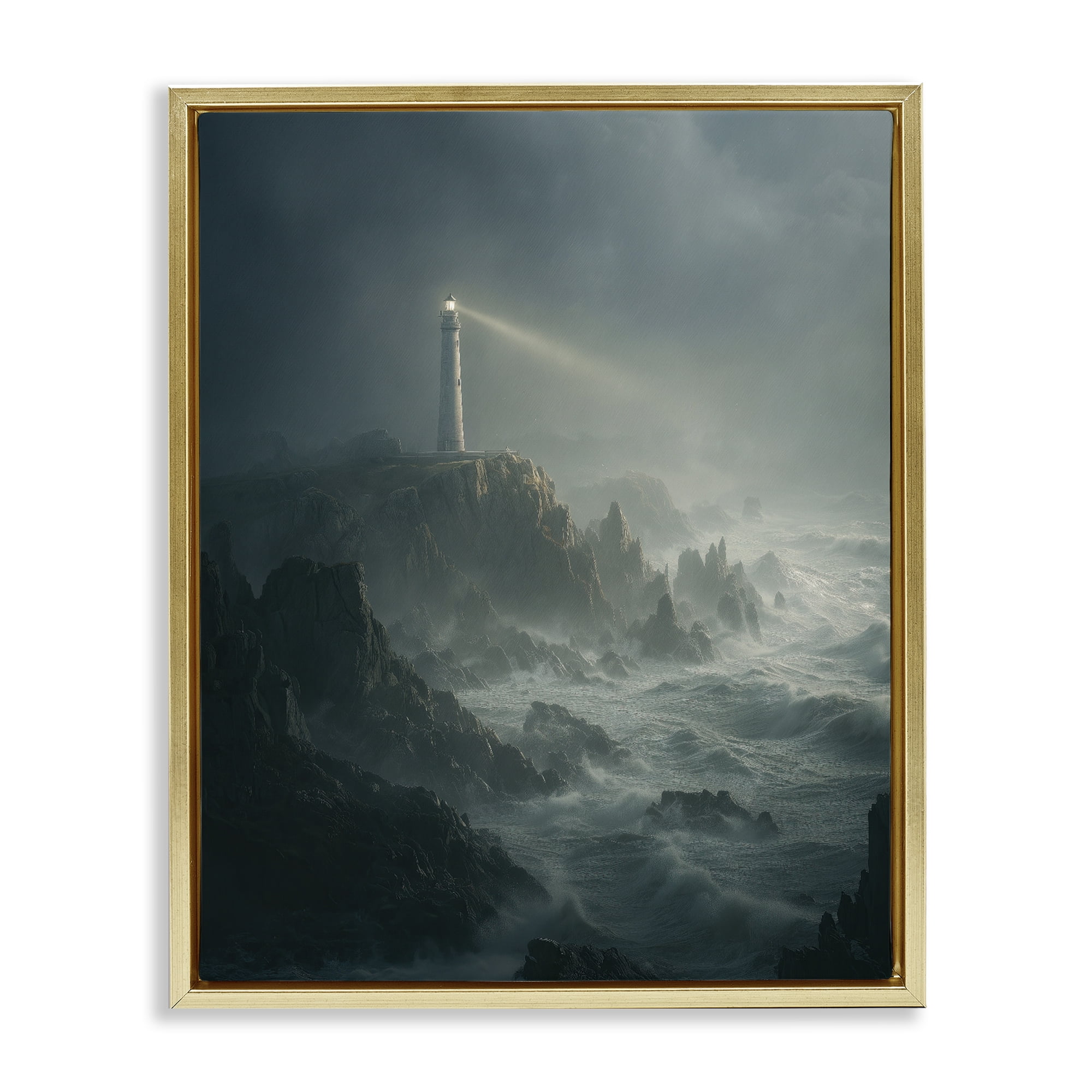 Lighthouse and Stormy Cliff Gold Framed Floater Canvas Wall Art, design by Ziwei Li