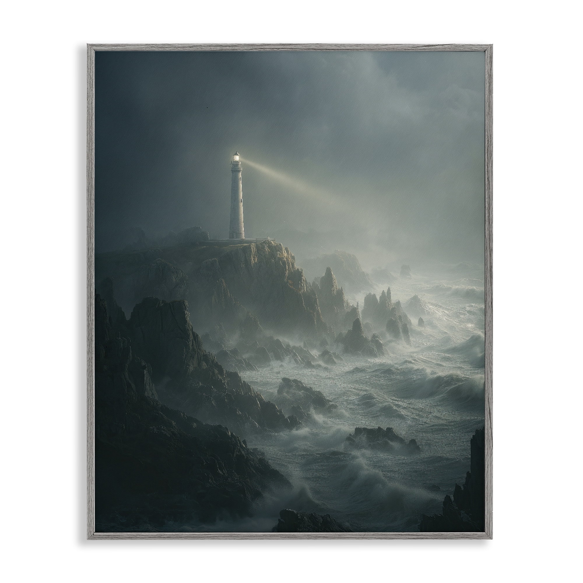 Lighthouse and Stormy Cliff Gray Framed Giclee Art, design by Ziwei Li
