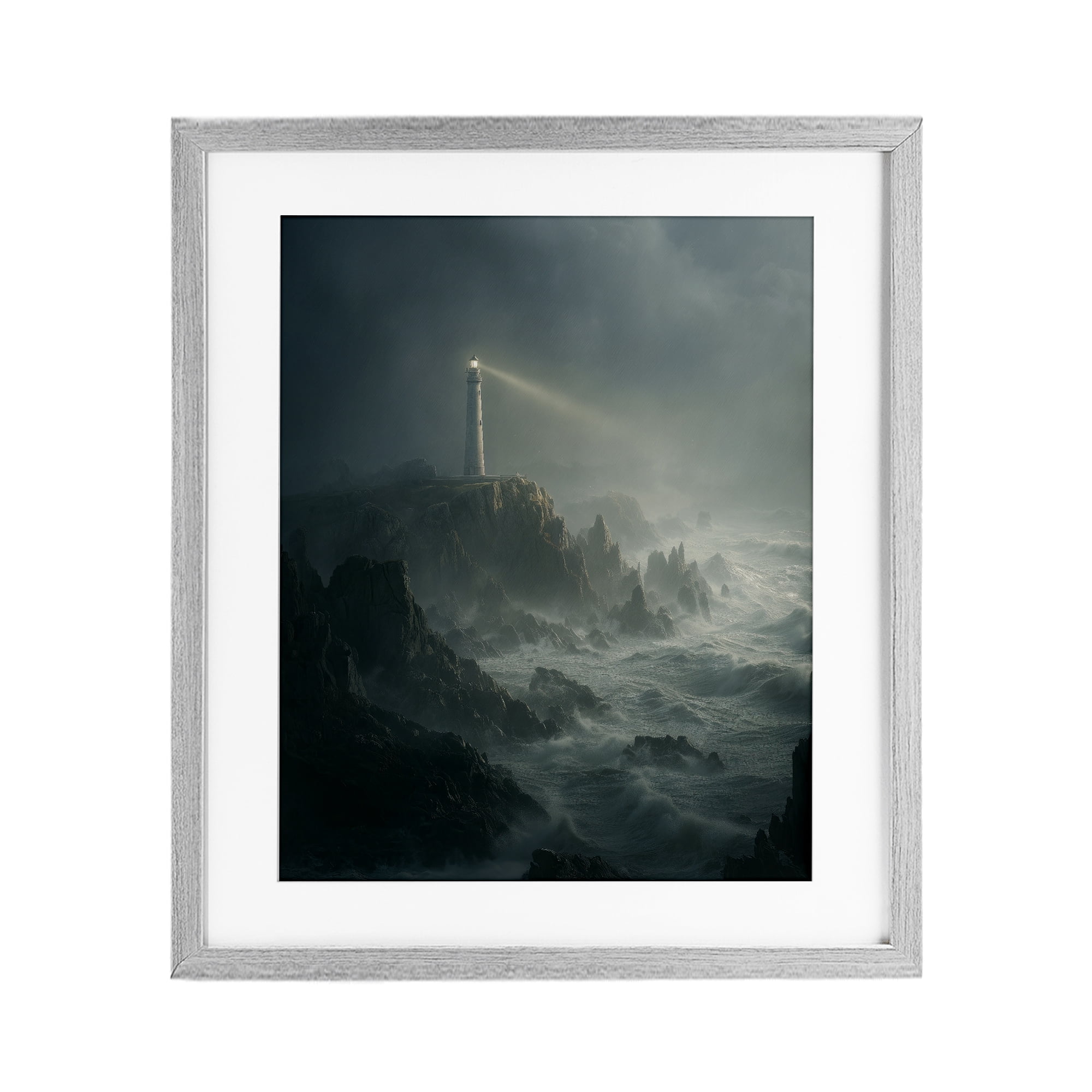 Lighthouse and Stormy Cliff Gray Framed Print Under Glass, design by Ziwei Li