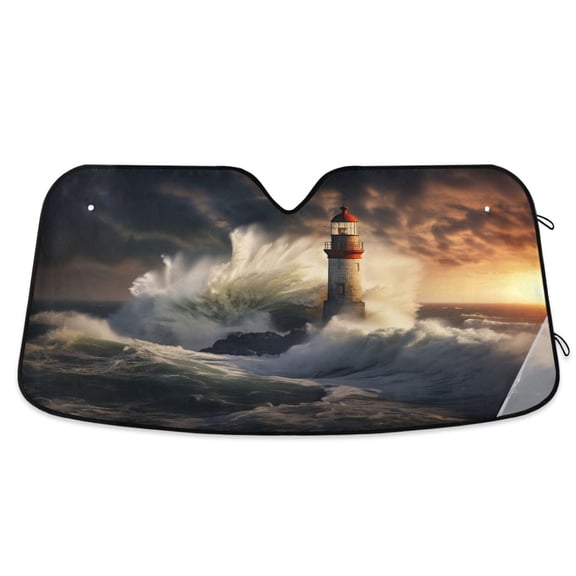 Lighthouse and Violent Waves Car Windshield Sun Shade Foldable Car Front Window Visor Heat and UV Protection 55x27.6