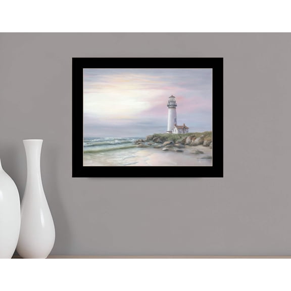 Lighthouse at Sunset Black Framed Print Wall Art