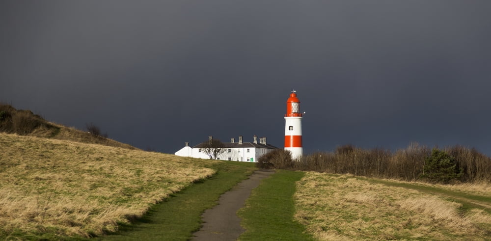 Lighthouse at the end of a path with storm clouds South Shields Tyne and Wear England Canvas Art - John Short Design Pics (44 x 20)