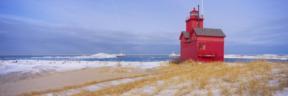 Lighthouse at the lakeside Lake Michigan Holland Michigan USA Canvas Art - Panoramic Images (36 x 12)