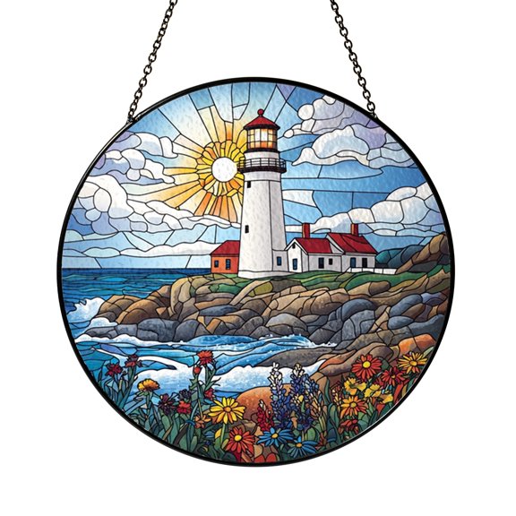 Lighthouse by Rocky Coast Stained Glass Window Suncatcher, Dramatic Clouds and Sunlight Scene, Peaceful Seaside Home Accent Gift