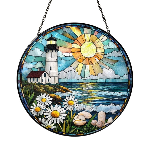 Lighthouse by the Sea Stained Glass Suncatcher Window Art, Bright Sun Ocean View with White Daisies Seashell Accents, Coastal Decor