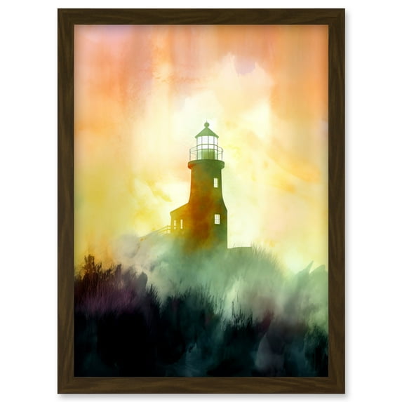 Lighthouse in the Fog Watercolour Painting Soft Atmospheric Light Coastal Landscape Artwork Framed Wall Art Print A4