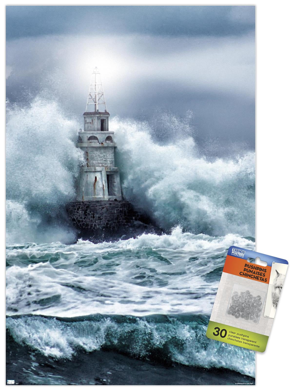 Lighthouse in the Storm Wall Poster with Push Pins, 14.725" x 22.375"