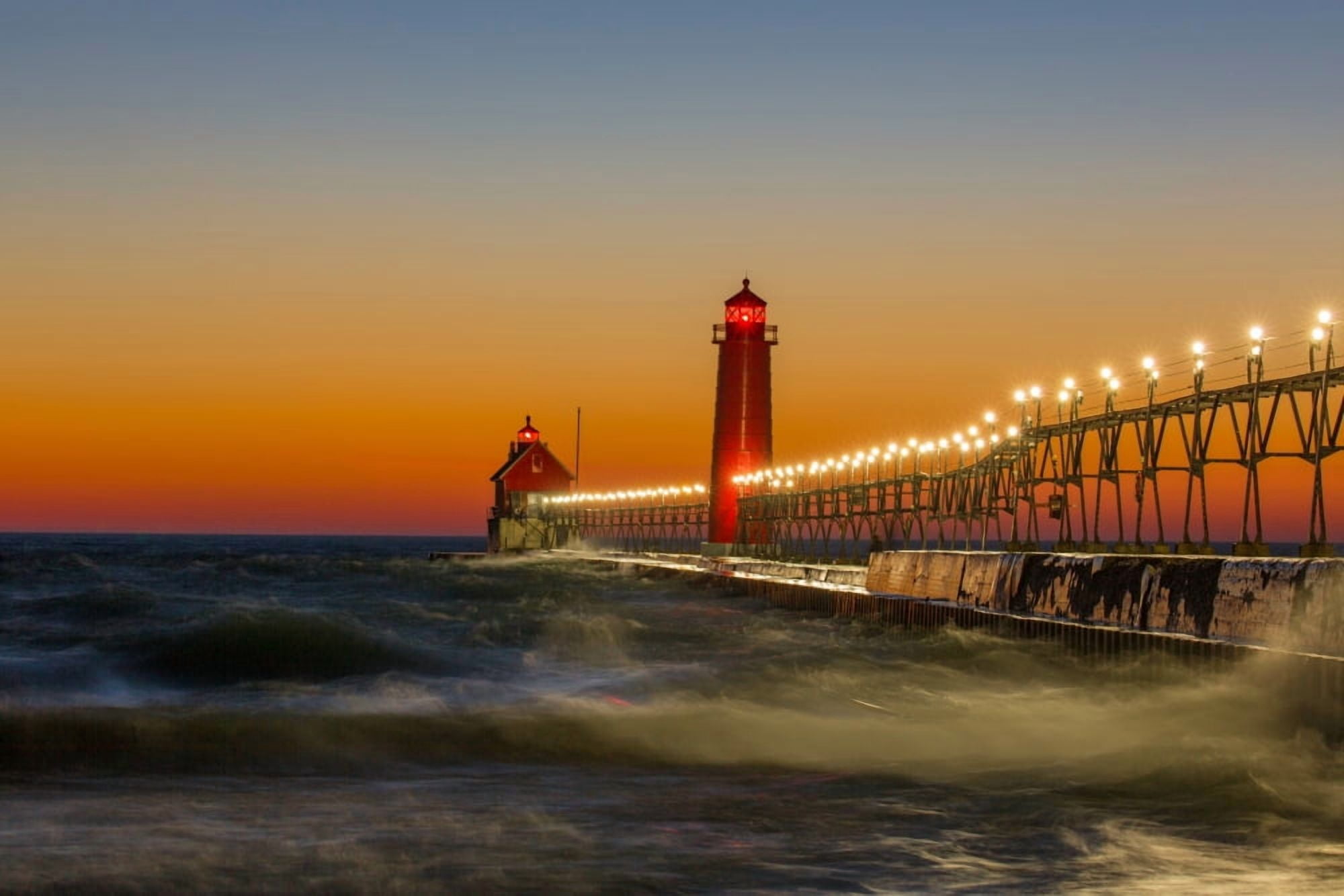 Lighthouse on the jetty at dusk Grand Haven South Pierhead Inner Lighthouse Lake Michigan Grand Haven Ottawa County Michigan USA Canvas Art - Panoramic Images (18 x 24)