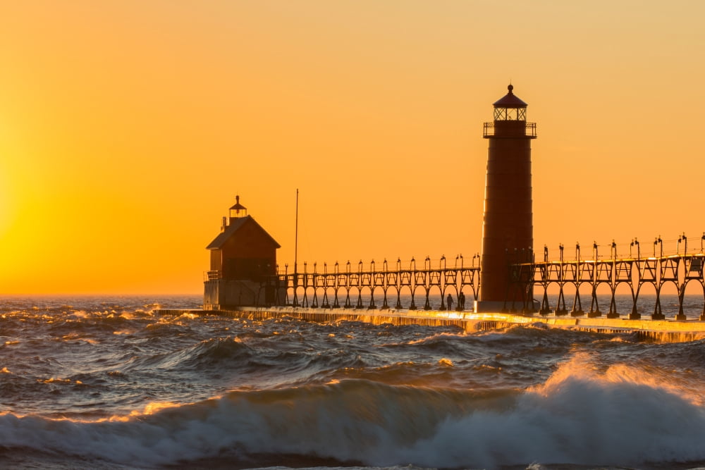Lighthouse on the jetty at dusk Grand Haven South Pierhead Inner Lighthouse Lake Michigan Grand Haven Ottawa County Michigan USA Canvas Art - Panoramic Images (24 x 36)