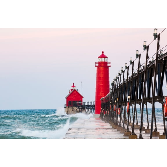 Lighthouse on the jetty at sunrise Grand Haven South Pierhead Inner Lighthouse Lake Michigan Grand Haven Ottawa County Michigan USA Canvas Art - Panoramic Images (18 x 24)
