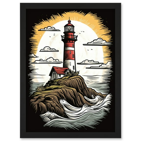 Lighthouse on Cliff Old School USA Tattoo Ink Body Rockabilly Americana 50s Artwork Framed Wall Art Print A4