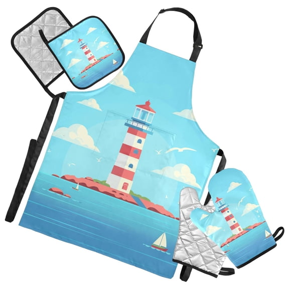 Lighthouse on Island 5 Pcs Kitchen Set Heat Resistant Oven Mitts and Non-Slip Pot Holders with Adjustable Cooking Apron