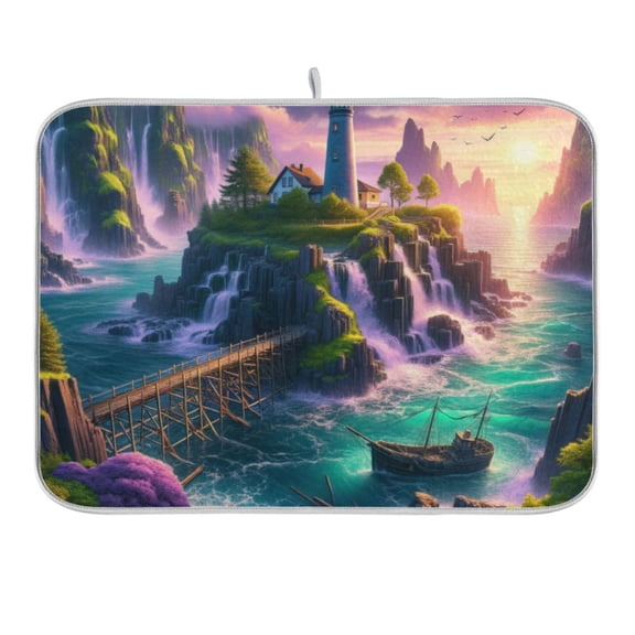 Lighthouse on Island and Bridge Dish Drying Mat 16x18 Absorbent Microfiber Draining Rack Pad for Kitchen Counter Sink