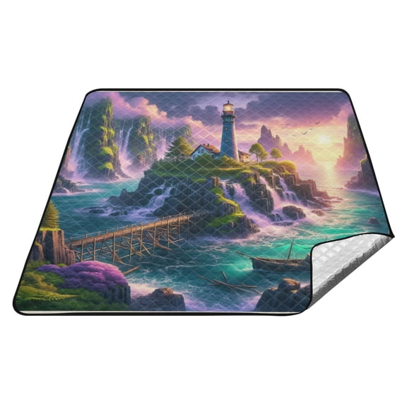 Lighthouse on Island and Bridge Picnic Blankets Extra Large 78"x78" Beach Blanket Waterproof Sandproof Outdoor Mat for Camping Travel Park