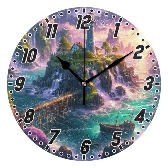 Lighthouse on Island and Bridge Round Wall Clock Battery Operated Silent Non-Ticking Bedroom Office Kitchen Home School Decor 10"(Black)