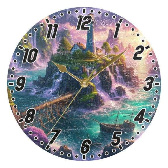 Lighthouse on Island and Bridge Round Wall Clock Battery Operated Silent Non-Ticking Bedroom Office Kitchen Home School Decor 10"(Gold)