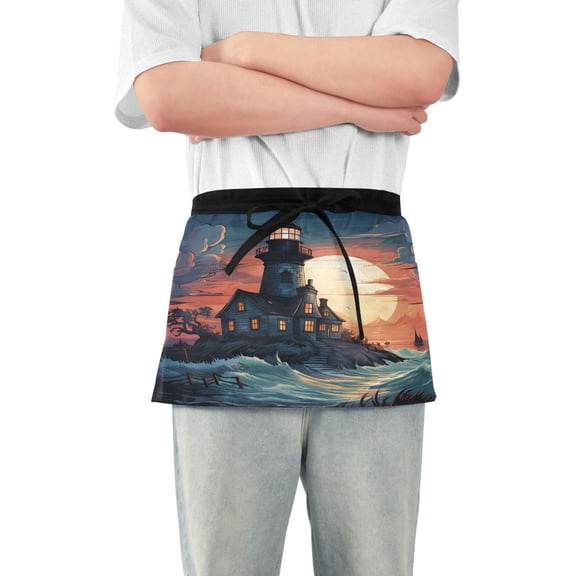Lighthouse on Sea Server Apron with 3 Pockets Waterproof Waitress Waist Short Apron for Man Woman 12 Inches