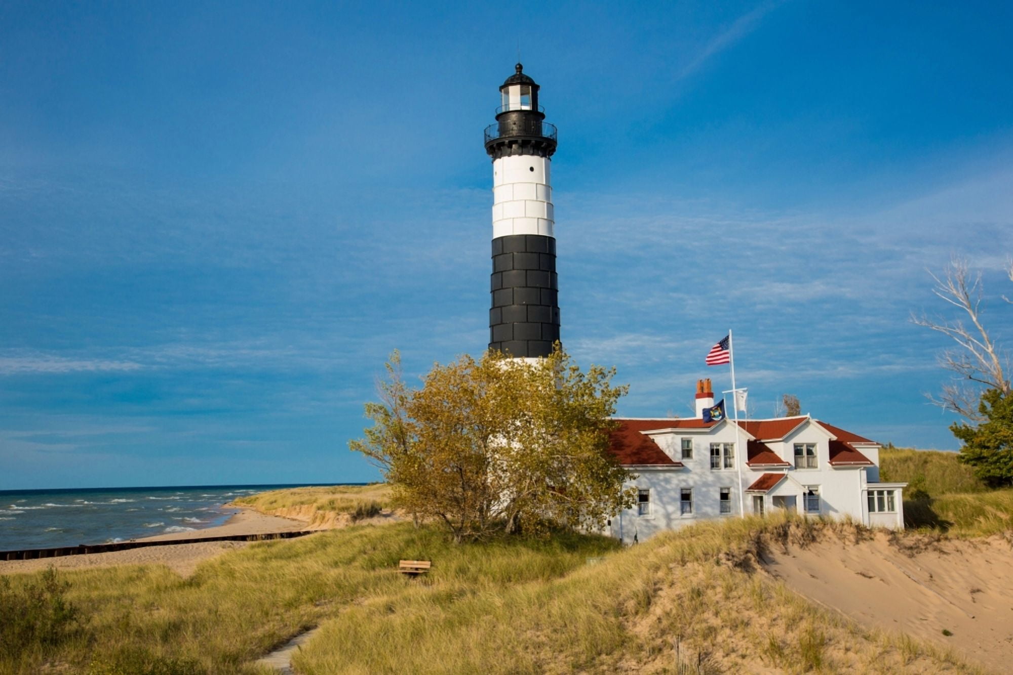 Lighthouse on the coast Big Sable Point Lighthouse Lake Michigan Ludington Mason County Michigan USA Canvas Art - Panoramic Images (18 x 24)