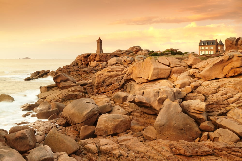 Lighthouse on the coast Leuchtturm Von Meen Ruz Ploumanach Cote De Granit Rose Cotes-dArmor Brittany France Canvas Art - Panoramic Images (27 x 9)