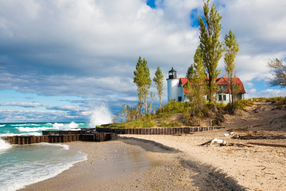 Lighthouse on the coast Point Betsie Lighthouse Lake Michigan Benzie County Frankfort Michigan USA Canvas Art - Panoramic Images (18 x 24)