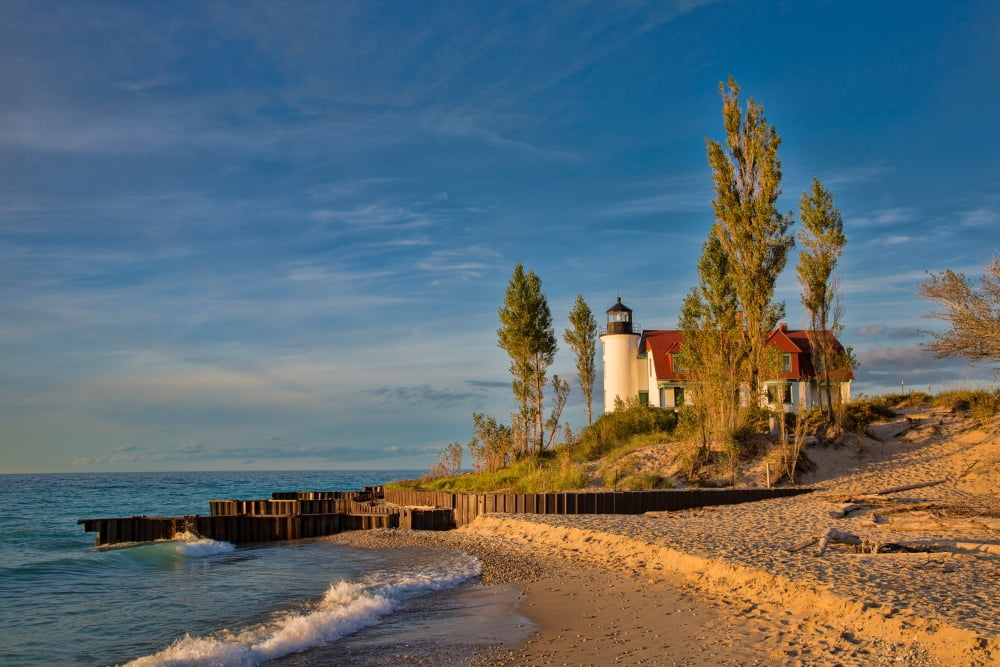 Lighthouse on the coast Point Betsie Lighthouse Lake Michigan Benzie County Frankfort Michigan USA Canvas Art - Panoramic Images (18 x 24)