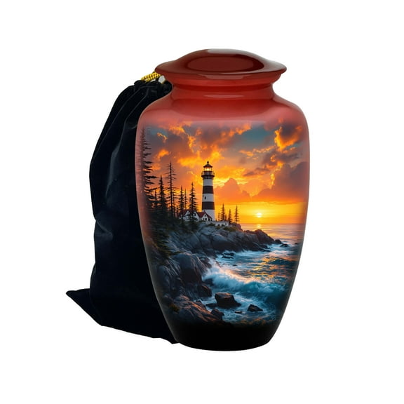 Lighthouse urn ,Cremation Urn for Ashes, Handmade, Sunset Light, Large, Blue, with Velvet Bag
