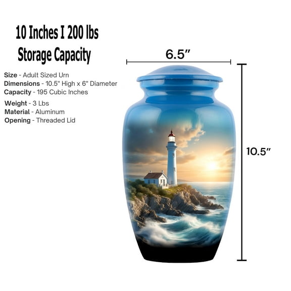 Lighthouse urn,Sunset Aluminum Cremation Urn for Large Adult Ashes, Handmade, Skyblue