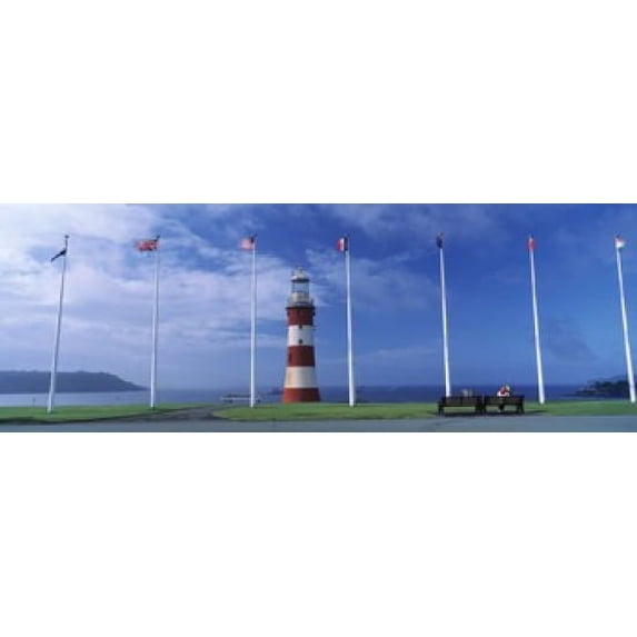 Lighthouse with flags on the coast, Smeaton's Tower, Plymouth Hoe, Plymouth, Devon, England Poster Print (18 x 7)