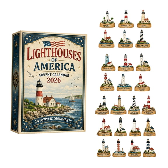 Lighthouses of America Advent Calendar 2026, 24 Days Countdown with 2D Acrylic Lighthouse Ornaments, Coastal Nautical Pendant Set, Mystery Gift Box for Maritime Lovers & Collectors