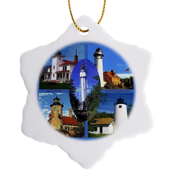 3drose, Lighthouses, Apostle Islands, 3 inch Snowflake Porcelain Ornament