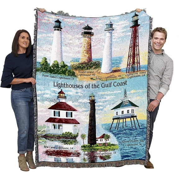 Lighthouses of the Gulf Coast Blanket - Point Isabel Round Island Biloxi ChandeleurNew CanalBolivarMobile - Coastal Ocean Gift Tapestry Throw Woven from Cotton - Made in the USA (72x54)
