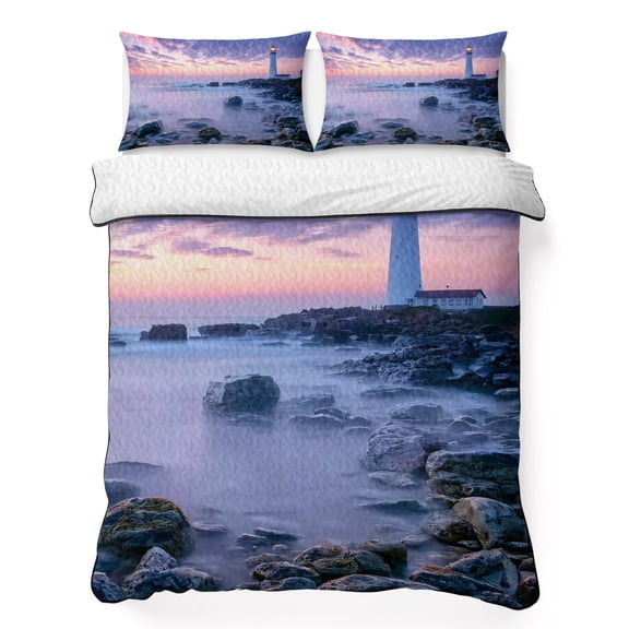 Lighthouses Oceans California King Quilt Bedding Set, Reefs Sunset Nature Landscapes Coastal Lightweight Comforter with 2 Pillow Shams Bedroom Bedspread Set Home Decor for All Seasons