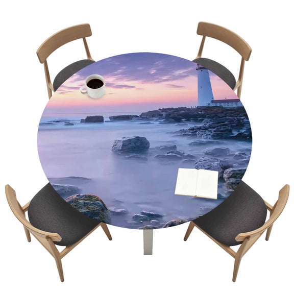 Lighthouses Oceans Round Fitted Tablecloth with Elastic Edge Reefs Sunset Nature Landscapes Coastal Table Cover Fit for 45"-54" Tables Waterproof Tablecloths for Dinner Camping Picnic