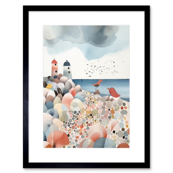 Lighthouses On Multicoloured Pebble Beach Watercolour Painting Artwork Framed Print Wall Art 9X7 Inch