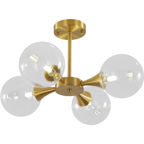 Lighting 4-Lights Modern Globe Semi Flush Mount Ceiling Light Mid Century Brushed Brass Schoolhouse Close to Ceiling Light Gold Clear Glass Bubble Sputnik Chandelier Light Fixture