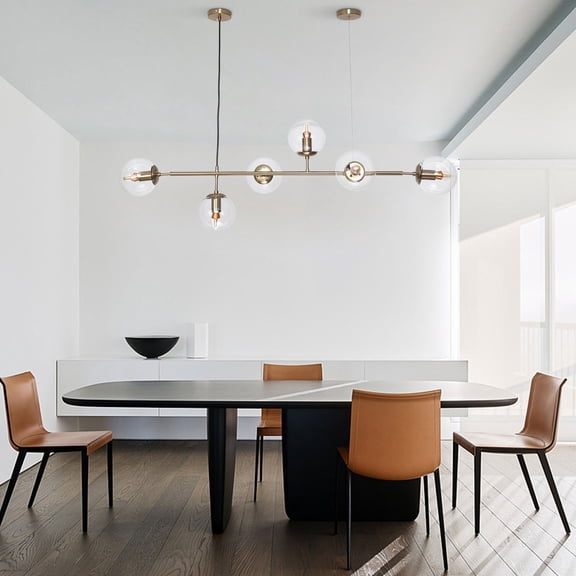 Lighting 6-Light Modern Globe Pendant Light Mid Century Vintage Sputnik Chandelier Gold Farmhouse Linear Chandelier Kitchen Island Lighting (Gold+Clear) (Bulbs Not Included)