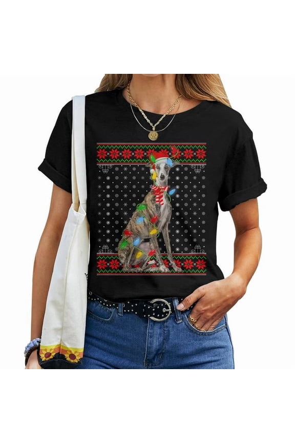 Lighting Dog Xmas Graphic Ugly Sweater Santa Greyhound Dog Christmas Tee Unisex Adult Cotton Holiday Winter T-Shirt, Size M, Color Black