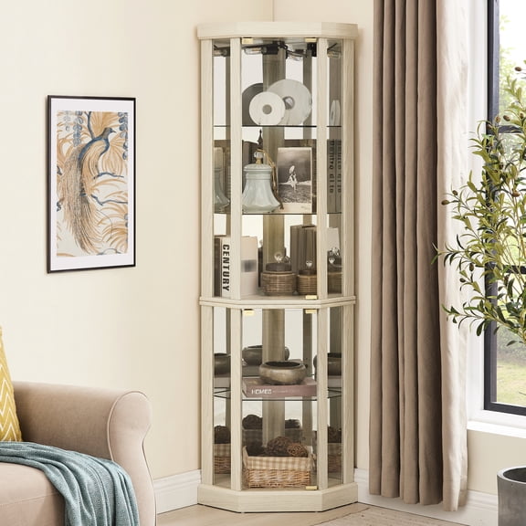 Lighting Feature, Mirrored Back - Corner Glass Cabinet for Showcasing