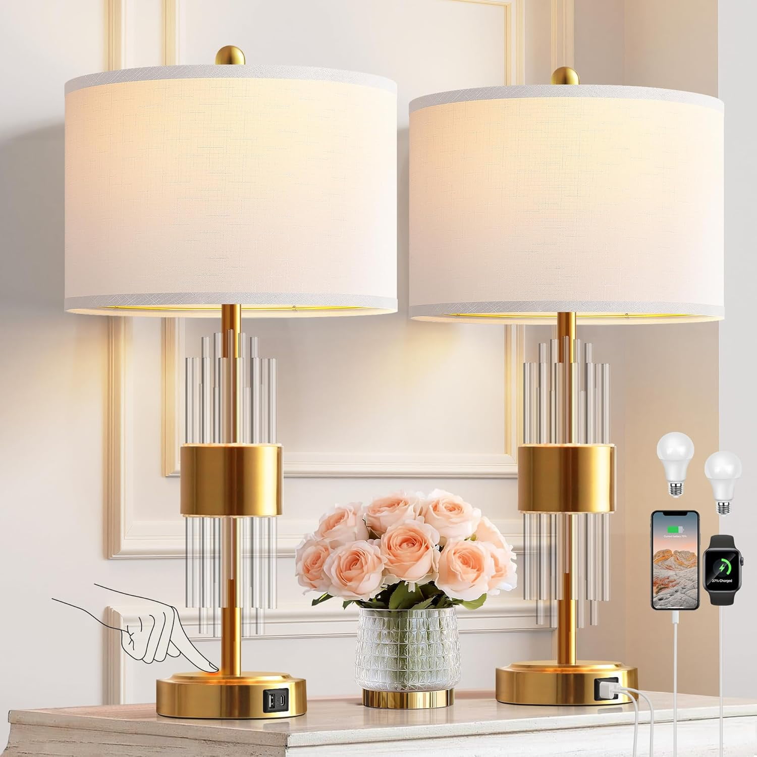 Lighting Fixtures Bedside Table Golden Lamp For Living Room With USB ...