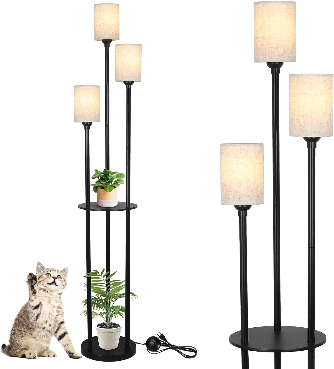 Lighting Fixtures Floor Lamp with Shelves, Modern Floor Lamps for Living Room, 3-Lights Standing Lamp with Linen Shade and Foot Switch, Industrial Standing Lamps for Bedroom, Black Tall Table Lamp fo