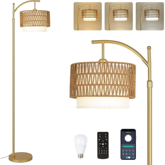 Lighting Fixtures Gold Floor Lamps for Living Room with Remote & Dimmable LED Bulb, Modern Arc Floor Lamp with 3 Color Temperatures, Boho Standing Lamp with Rattan & Fabric Shades, Adjustable Tall La