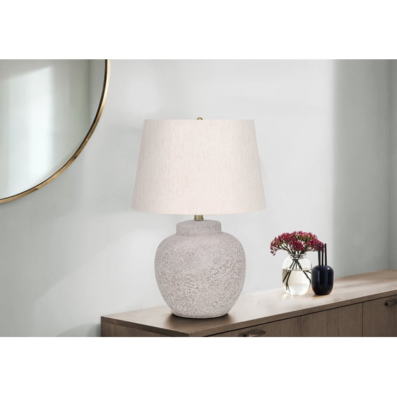 22" Cream Concrete Table Lamp with Linen Shade, 3-Way Rotary Switch & Gold Finial