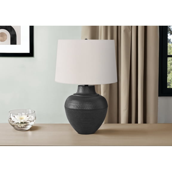 26" Black Metal Table Lamp with Ivory Linen Shade, Transitional Desk Lamp for Bedroom & Living Room