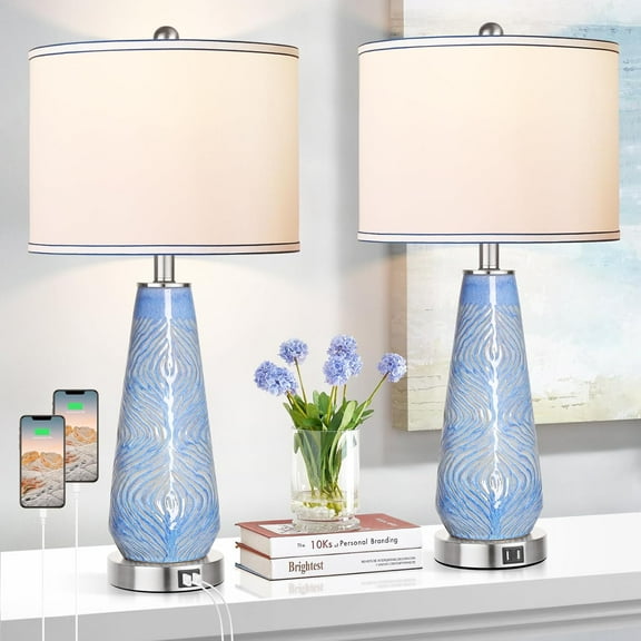 Lighting Fixtures Modern Table Lamp Set of 2 Touch Control, 27" Tall Blue Art Ceramic Bedside Lamp with USB Ports, 3-Way Dimmable Hand Crafted Nightstand Lamps with White Shade for Living Room Bedroo