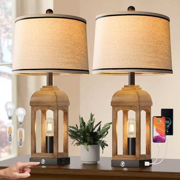 Lighting Fixtures Table Lamp for Living Room, Farmhouse Lamps Set of 2 with USB A+C and Nightlight, 26" Rustic Bedside Lamps with 3-Way Dimmable Touch Control, Nightstand Lamp for Bedroom Decor, Wood