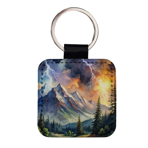 Lighting In The Mountains Watercolor Faux Leather Square Keychain