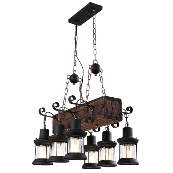 Lighting Industrial Rustic Wood Beam Linear Island Pendant Light Chandelier Lighting Hanging Ceiling Fixture 6-Light (Not Included Bulbs)