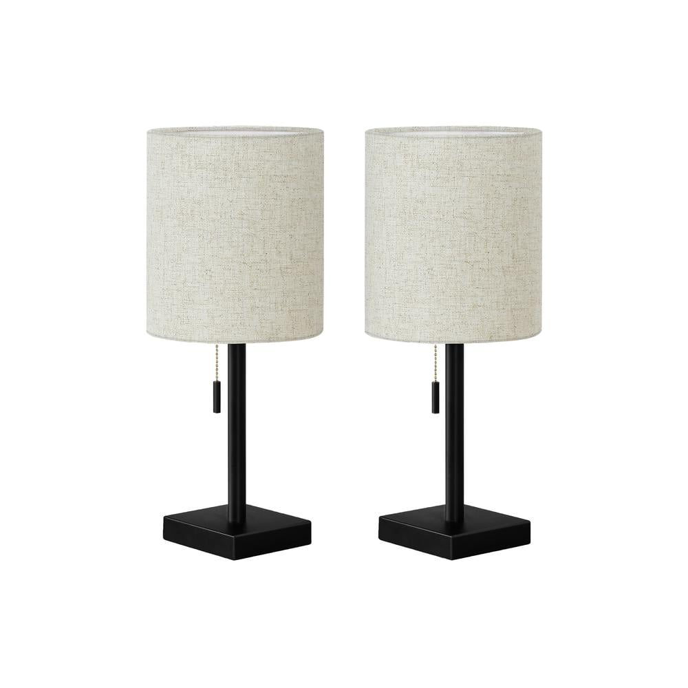 Set of 2 Black Metal Table Lamps with Beige Drum Shades and USB Ports